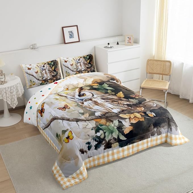 Owl Birds Kids Comforter Sets Toddler,Jungle Exotic Birds Bedding Comforter Sets,Geometric Grids Quilt Sets for Boys Adult Bedroom Decor,Watercolor Butterfly Leaves Duvet Insert with 1 Pillowcase