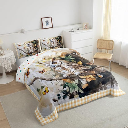 Owl Birds Kids Comforter Sets Toddler,Jungle Exotic Birds Bedding Comforter Sets,Geometric Grids Quilt Sets for Boys Adult Bedroom Decor,Watercolor Butterfly Leaves Duvet Insert with 1 Pillowcase