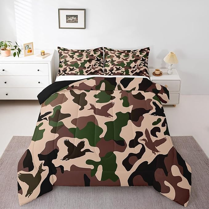 Erosebridal Duck Hunter Comforter Set Toddler Size Camo Bedding for Kids Army Camouflage Hunting Bedding Comforter Sets Vintage Green Black Bedroom Decor Wild Animal Duck Rustic Duvet Insert