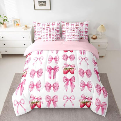 Feelyou Pink Cute Strawberry Bow Comforter Set Full Size 7 Pieces Strawberries Bedding Set for Kids Boys Girls Kawaii Bowknot Bed in a Bag with Comforter, Sheets, Pillowcases, Cushion Covers