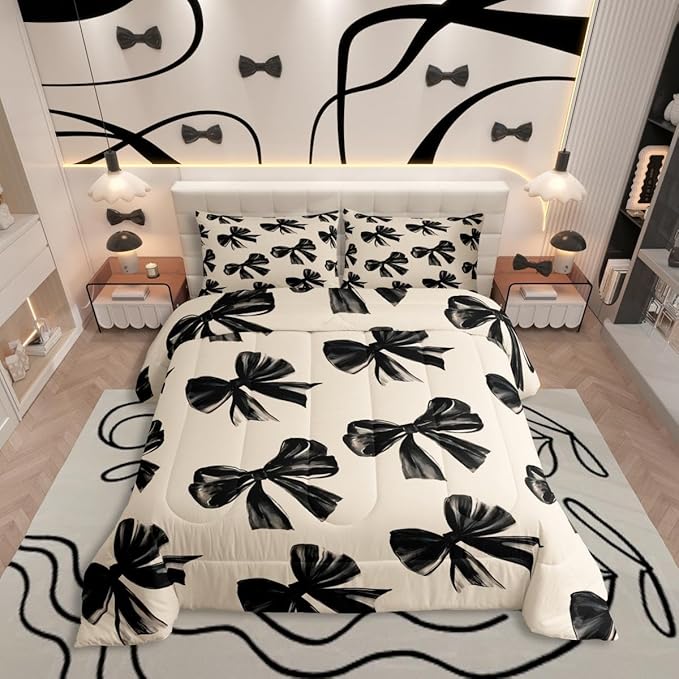 Erosebridal Bow Bedding Set Full Black Bow Tie Bedding Comforter Sets for Kids Teen Adults Room Decor,Watercolor Bowknot Comforter Set Black White Simple Decor Bed Duvet Set