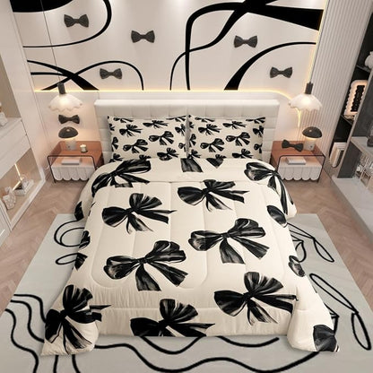 Erosebridal Bow Bedding Set Full Black Bow Tie Bedding Comforter Sets for Kids Teen Adults Room Decor,Watercolor Bowknot Comforter Set Black White Simple Decor Bed Duvet Set