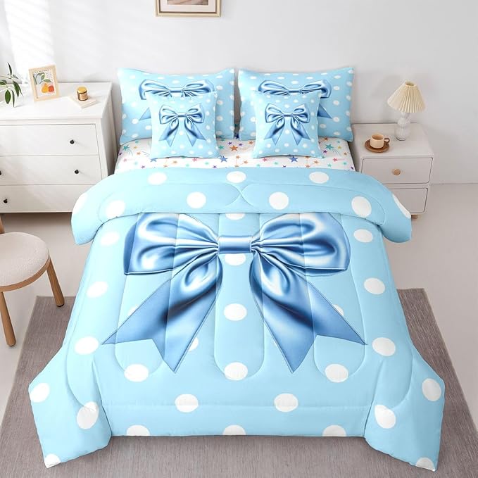 Feelyou Blue Bowknot 7 Piece Bedding Set Polka Point Comforter Set with Sheets for Kids Boys Girls Cute Bow Bed in a Bag Princess Theme Bed Set Soft Lightweight