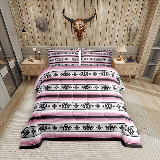 Erosebridal Girls Boho Comforter Set Toddler Pink Black Geometric Aztec Stripes Bedding Comforter Sets Western Bohemian Bedding Set for Kids Teen Women,Southwest Ethnic Tribal Mexican Quilt Duvet