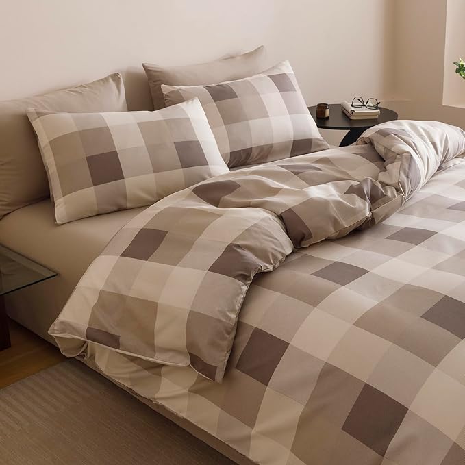 CLOTHKNOW Buffalo Plaid Comforter Set California King 3Pcs Tartan Bedding Comforter Sets Khaki Brown Beige Geometric Comforter Cal King Sets with 2 Pillowcases