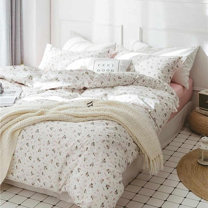 Faincy Floral Queen Size Comforter Set, Pink White Flower Leaf Pattern Printed Preppy Alternative Bedding Sets - 90 x 90 inch 3 PCs Soft Microfiber Duvet Modern Vintage Bed in a Bag for Women Men