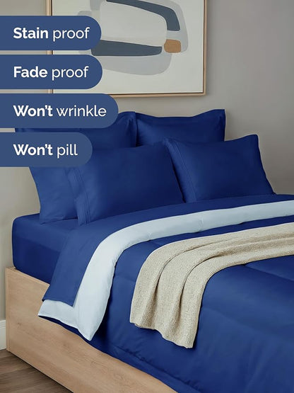 King Comforter Set - 5 Piece Bed in a Bag King Size Bed Set - Down Alternative Comforter, Flat Sheet, Fitted Sheet, Pillowcase & Shams for All Seasons - Soft, Comfy & Breathable - Navy Blue/Sky Blue