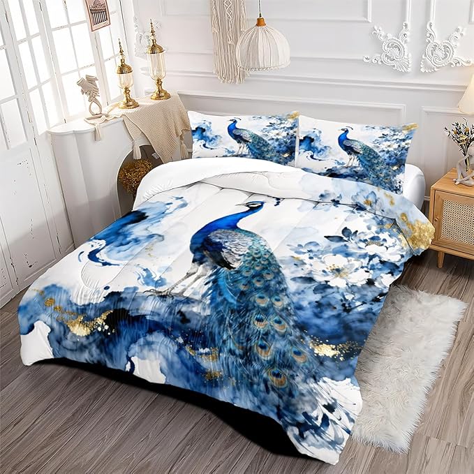 Peacock Comforter Set Queen 3 Pieces Blue Floral Bird Bedding Set for Teens Elegant Comforter with 2 Pillowcase, Super Soft Microfiber All Season