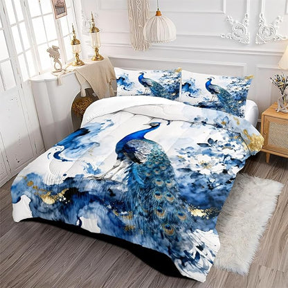 Peacock Comforter Set Queen 3 Pieces Blue Floral Bird Bedding Set for Teens Elegant Comforter with 2 Pillowcase, Super Soft Microfiber All Season