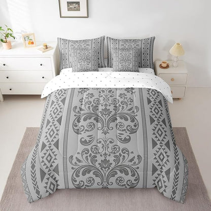 Comforter Set Queen Size, Grey Damask Aztec 7 Pcs Bedding for Kids and Adults, Antique Decor Western Baroque Gothic Bed Sheet Sets with Fitted Sheet 2 Pillowcases & 2 Shams for Bedroom Bed Decor