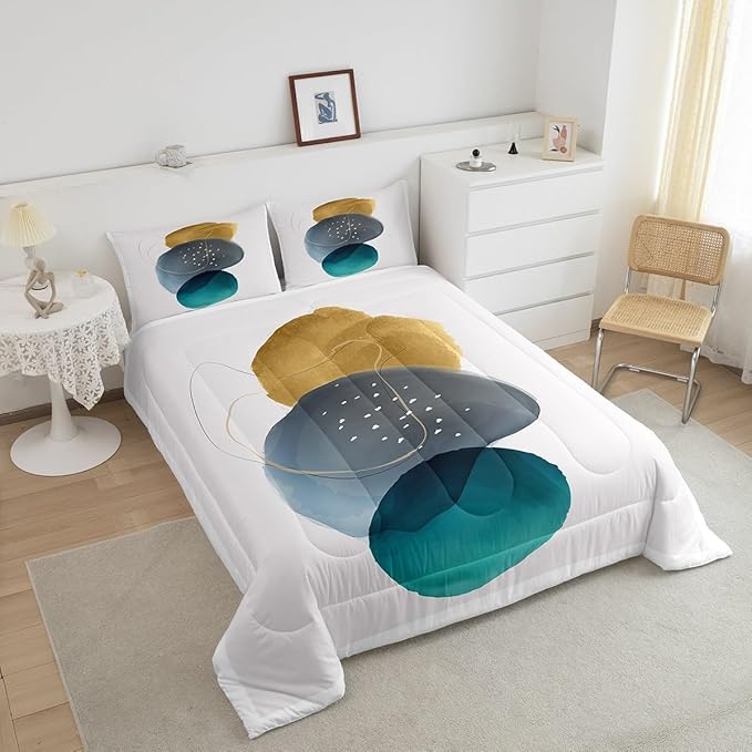 Erosebridal Geometric Comforter Set Queen Vintage Minimalism Bedding Set, Mid Century Down Comforter Abstract Polka Dots Bed Set, Aesthetic Lines Quilted Duvet Beige Dark Green White Grey 3-Piece