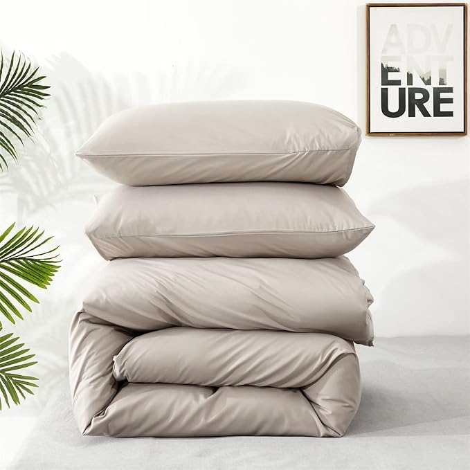 Houseri Beige Comforter Full Size Set Cream, 3 Pieces Light Taupe Bedding Soft All Season Lightweight Farmhouse Light Khaki Modern Light Brown Bedding Comforters College Dorm Bed Quilt Blanket Full