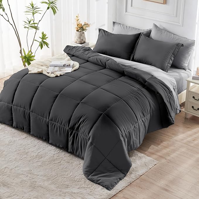 JOLLYVOGUE King Comforter Set, Ultra-Soft Bed in a Bag King Size 7 Pieces, Oeko-TEX Certified Bedding Set with Down Alternative Comforter, Sheets, Pillowcases & Shams, Dark & Light Grey