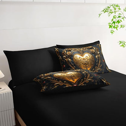 Black and Gold Heart Comforter Set Queen Size Bed 7 Piece，Heart Bedding Set Queen Black，Heart Themed Bedroom Decor，(1 Comforter, 1 Flat Sheet, 1 Fitted Sheet, 2 Pillowcase and 2 Pillow Sham)