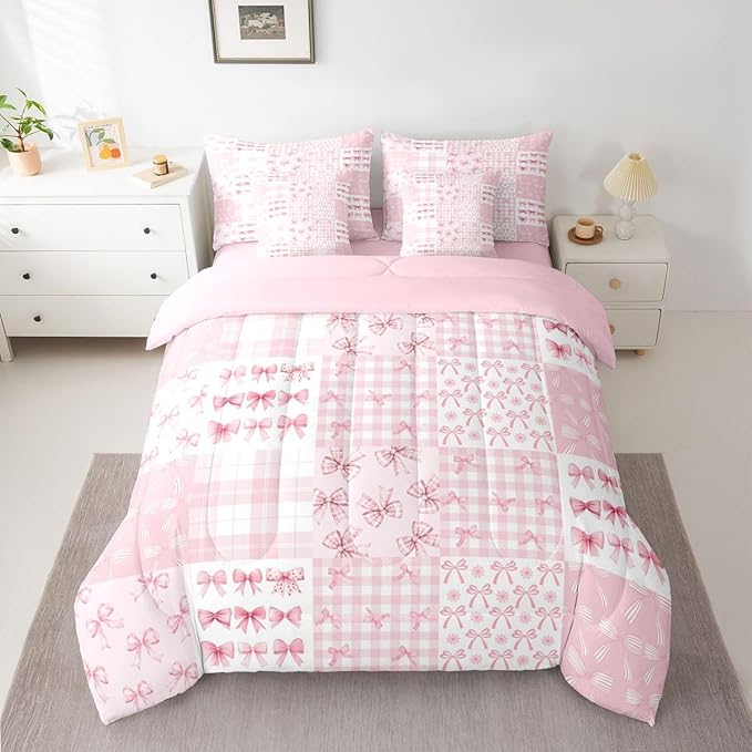 Feelyou Pink Bow Comforter Set with Sheets 7 Piece King Size Princess Bow Bed in a Bag Kids Boys Girls Cute Bowknot Bedding Set Kawaii Bedroom Decor Breathable Soft Lightweight Microfiber
