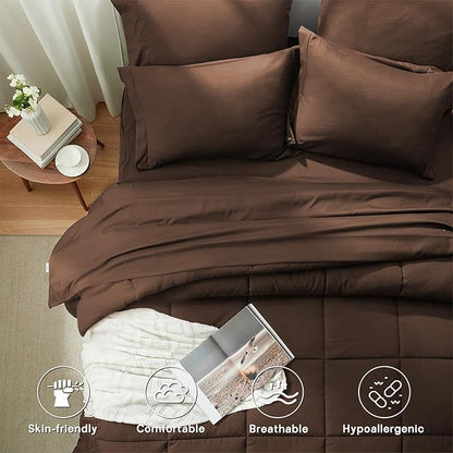 Anluoer Queen Comforter Set 7 Piece, Brown Bed in a Bag with Comforters, Pillow Shams, Pillowcases, Flat Sheet, Fitted Sheet
