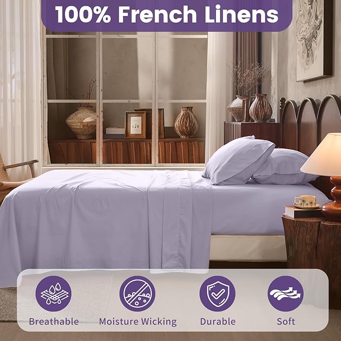 100% Linen Sheets California King Size,Breathable & Durable 4-Piece Bed Flax Sheet Set,Soft All-Season Bedding for Hot Sleepers 16" Deep Pocket Oeko-TEX Certified,（Cal King, Light Purple）