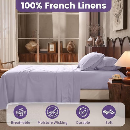 100% Linen Sheets California King Size,Breathable & Durable 4-Piece Bed Flax Sheet Set,Soft All-Season Bedding for Hot Sleepers 16" Deep Pocket Oeko-TEX Certified,（Cal King, Light Purple）