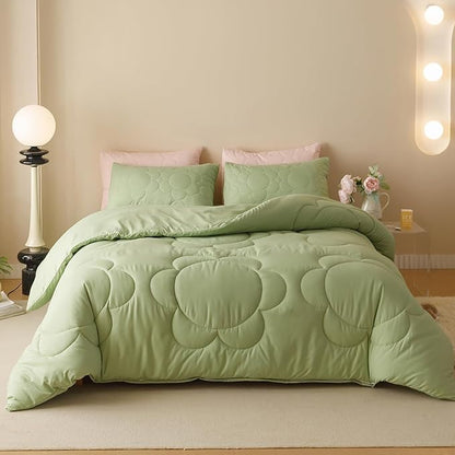Luxlovery Sunflower Sage Green Comforter Set Full Light Green Quilts Big Flowers Bedding Comforter Set Botanical Farmhouse Soft Breathable Bohemian Comforter Women Girls