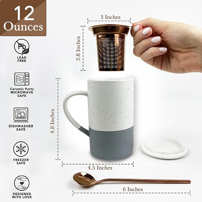 Mora Ceramics Tea Cup with Loose Leaf Infuser, Spoon and Lid, 12 oz, Microwave and Dishwasher Safe Coffee Mug - Rustic Matte Ceramic Glaze, Modern Herbal Tea Strainer - Great Gift for Women, Flint