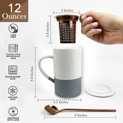 Mora Ceramics Tea Cup with Loose Leaf Infuser, Spoon and Lid, 12 oz, Microwave and Dishwasher Safe Coffee Mug - Rustic Matte Ceramic Glaze, Modern Herbal Tea Strainer - Great Gift for Women, Flint