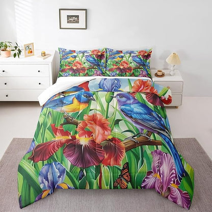 Erosebridal Floral Hummingbird Comforter Set Queen,Rustic Farmhouse Flowers Bedding Set Retro Watercolor Colorful Irises Bed Comforter Set for Kids Adults,Country Garden Style Quilt Duvet