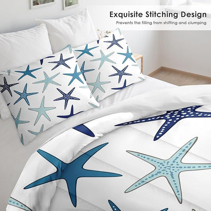 Comforter Set King Size, Coastal Nautical Starfish Soft 3 Pcs Bedding for Kids and Adults, Navy Blue Turquoise Sea Comforter Set with Pillowcase, for Bedroom Bed Decor
