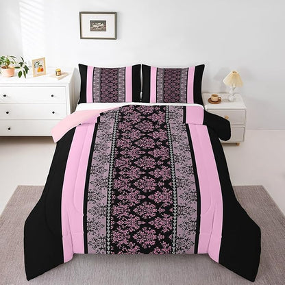 jejeloiu Adult Classic Jacquard Bedding Set Full Size Damask Pattern Comforter Set for Boys Girls Black Pink Stripe Duvet Set Baroque Quilt Set 3Pcs