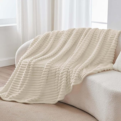 BEDELITE Twin Blanket for Couch & Bed, 300GSM Soft & Warm Fleece Blanket, Decorative and Giftable Striped Beige Blankets for Women, Men, 60"x80"
