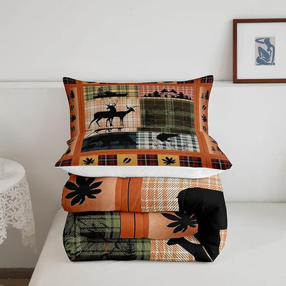 Buffalo Plaid Check Bedding Sets Cabin Camping Decor Bear Elk Deer Comforter For Kids Teens Pink Orange Blue Patchwork Duvet Insert Pike Fish Fishing Quilt Fall Leaves Down Comforter Twin 2Pcs