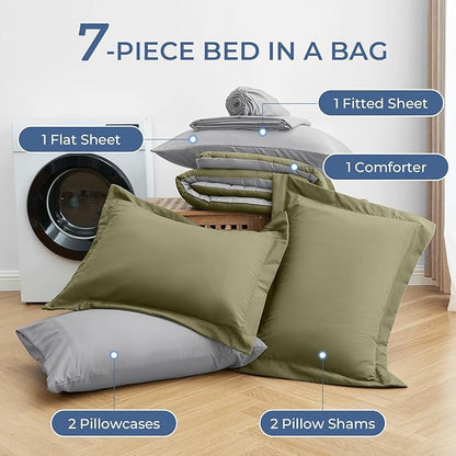 Sasttie King Size Comforter Set, 7 Pieces Bed in a Bag King, Complete Bedding Set Includes Comforter, Flat Sheet, Fitted Sheet, Pillowcases and Pillow Shams, Olive & Light Grey