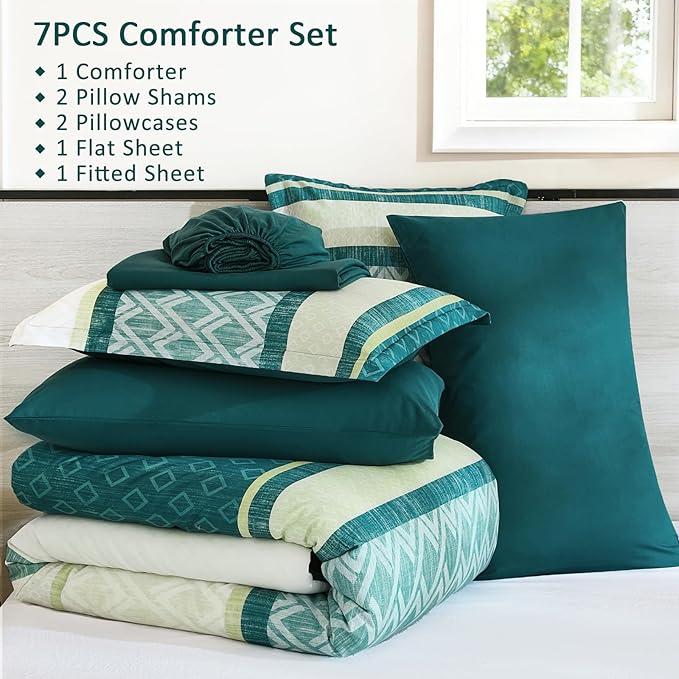 Cottolester Green Comforter Set King Size,Boho Striped Bed in a Bag,Spring Summer Plaid Comforter and Sheet Set, Soft Microfiber Complete Bedding Sets