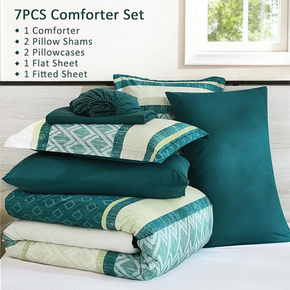 Cottolester Green Comforter Set Queen Size,Boho Striped Bed in a Bag,Spring Summer Plaid Comforter and Sheet Set, Soft Microfiber Complete Bedding Sets