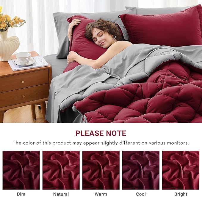 MUXHOMO 7 Pieces California King Comforter Set, Reversible Bed in a Bag Cal King Size, All Season Bedding Set with Comforter, Flat Sheet, Fitted Sheet, Pillowcases & Shams, Burgundy & Grey