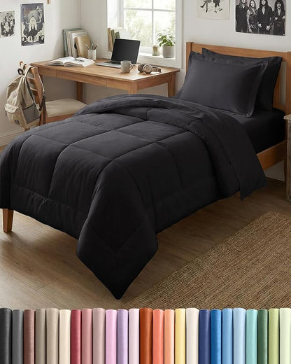 Twin Comforter Set - 5 Piece Bed in a Bag Twin Size Bed Set - Down Alternative Comforter, Flat Sheet, Fitted Sheet, Pillowcase & Sham for All Seasons - Ultra Soft, Cozy, Comfy and Breathable - Black