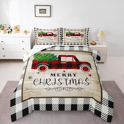 Xmas Truck Bedding Set Twin Size,Black White Geometric Grid Comforter 2pcs for Kids Teens Adults Room Decor,Brown Rustic Farmhouse Quilt Happy New Year Duvet Insert,1 Pillowcase