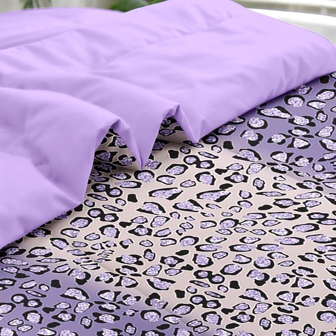 Comforter Set Twin Size, Leopard Colorful Plain Purple 5 Pcs Bedding for Kids and Adults, Gold Geometric Tiger Bed Sheet Sets with Fitted Sheet Pillowcase & Sham for Bedroom Bed Decor