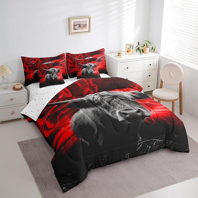 Erosebridal Highland Cow Comforter Set 7 Piece,Red Rose Bed in a Bag Twin,Western Bull Cattle Fitted Sheet,Romantic Rose Floral Quilt Set,Wild Animals Wildlife Bedding Set Farmhouse Bedroom Decor