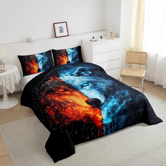 Manfei Wolf Ice Fire Comforter Queen for Kids Adults Youth,Wildlife Galaxy Exotic Wolf Quilt Comforter Room DecorShining Sky Mystery Universe Quilted Duvet Duvet Insert,2 Pillowcases