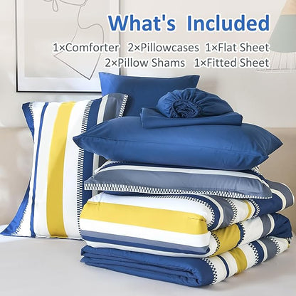 WONGS BEDDING Blue Comforter King Size Set, 7 Pieces Bed in a Bag Blue and Yellow Comforter Set, Soft Boho Striped Bedding Sets with Sheets, Pillowcases & Shams