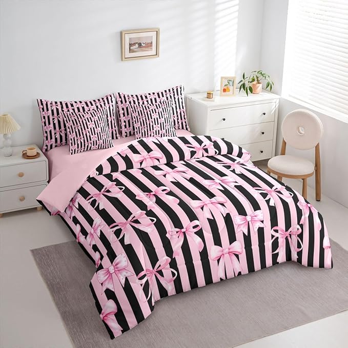 Erosebridal Kids Girls Bowknot Bow Black Pink Y2K King 7-Piece Comforter Set | Kawaii Cute Sheets and Pillowcases Stripe Bed in A Bag Geometric Bed Sets