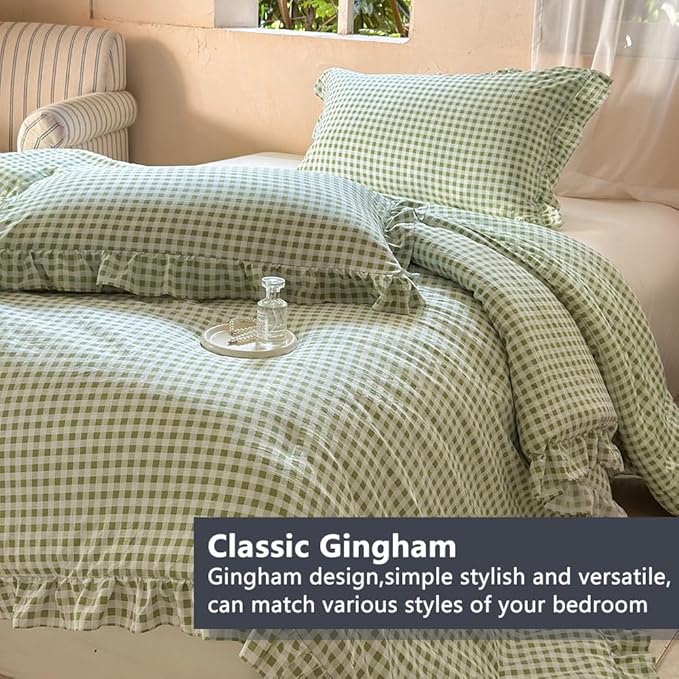 NSNLGSGC Sage Green Ruffle Gingham Comforter Set Twin, Pre-Washed Ruffled Plaid Checked Comforter Bedding, 2 Pieces Vintage Farmhouse Grid Bedding Set(Green Gingham, Twin)