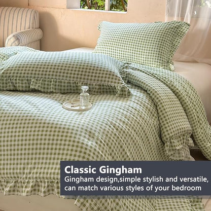 NSNLGSGC Sage Green Ruffle Gingham Comforter Set Queen, Pre-Washed Ruffled Plaid Checked Comforter Bedding, 3 Pieces Vintage Farmhouse Grid Bedding Set(Green Gingham, Queen)