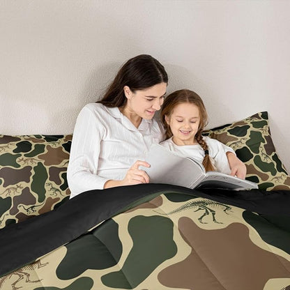 Erosebridal Dino Camouflage Comforter Set Toddler Size Dark Green Camo Bedding Set for Kids Boys Girls Dinosaur Skeleton Comforter Vintage Skeleton Rustic Quilt Bedroom Decor