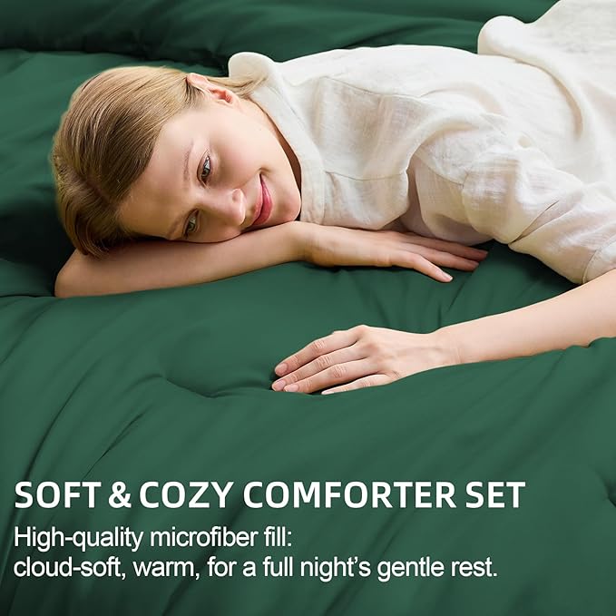 FUANNA Full Size Comforter Sets Emerald Green, 7 Pieces Soft Bed in a Bag Full, All Season Lightweight Bed Sets with Comforter, Flat Sheet, Fitted Sheet, Pillowcases & Shams