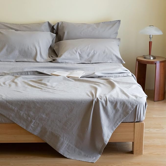 Simple&Opulence Belgian Linen Sheet Set Solid Color - 6 Pieces (1 Flat Sheet & 1 Fitted Sheet & 4 Pillowcases) 16" Deep Pocket Natural Flax Cotton Blended Soft Bedding - Grey, King Size