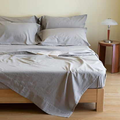 Simple&Opulence Belgian Linen Sheet Set Solid Color - 6 Pieces (1 Flat Sheet & 1 Fitted Sheet & 4 Pillowcases) 16" Deep Pocket Natural Flax Cotton Blended Soft Bedding - Grey, Queen Size