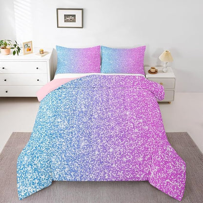Colorful Glitter Bedding Full Girly Turquoise Teal Blue Pink Pastel Girls Comforter Set 3 Pcs Trendy Quilt Duvet for Kid Women Down Comforter with Sparkle Sequin Pattern Bling Bedroom Decor Bed Cover