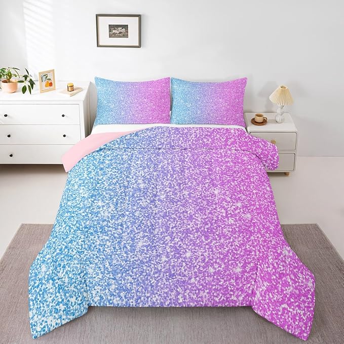 Colorful Glitter Bedding Queen Girly Turquoise Teal Blue Pink Pastel Girls Comforter Set 3 Pcs Trendy Quilt Duvet for Kid Women Down Comforter with Sparkle Sequin Pattern Bling Bedroom Decor Bed Cover