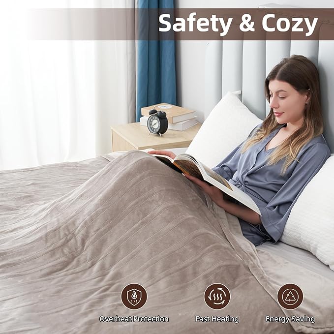 Electric Heated Blanket Throw Size 50"x60", Fast Heating Throw, Soft Microplush for Sofa & Office,6 Heating Levels & 1-10 Hours Auto Off, Machine Washable, Gifts for Family-Camel